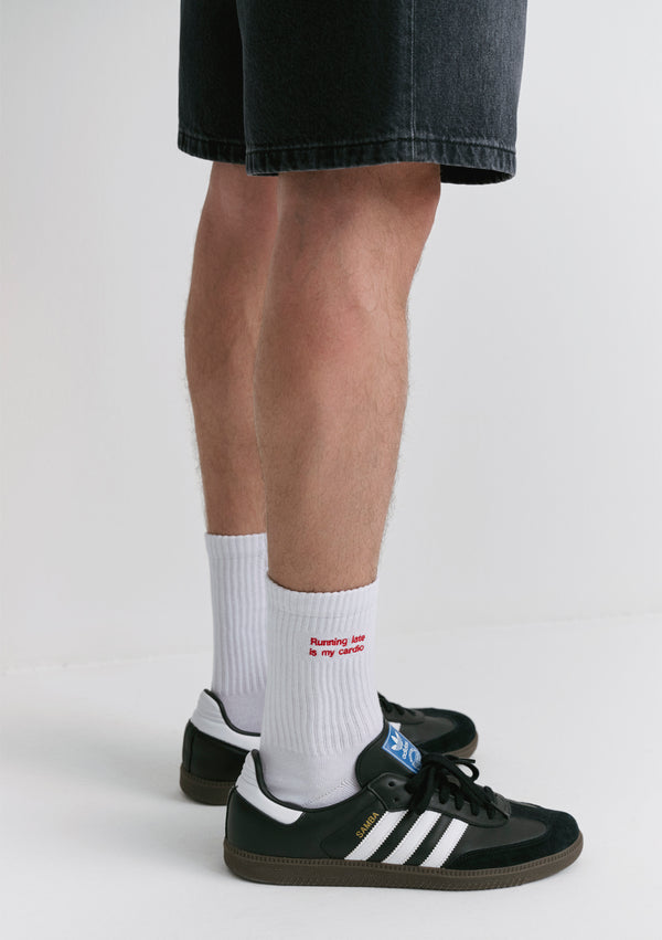 Running Late Embroidered White Socket Socks
